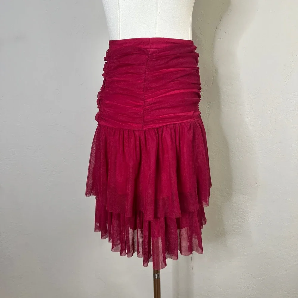 Maeve Anthropologie Ruched Tulle Mesh Tiered Ruffle Skirt Fuchsia Pink Size 0‎